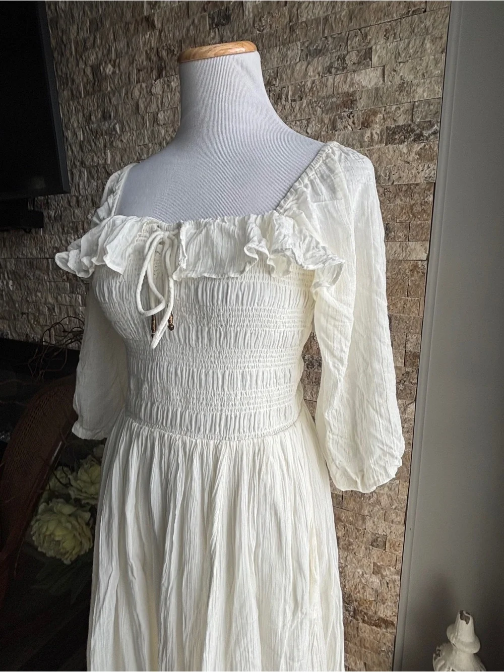 Free People Cream Ruffled Smocked Maxi Dress
